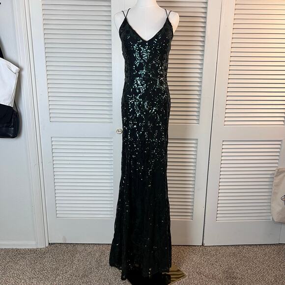 Windsor Emerald Green Sequin Maxi Dress Medium Open Back Formal Gown - Picture 3 of 13